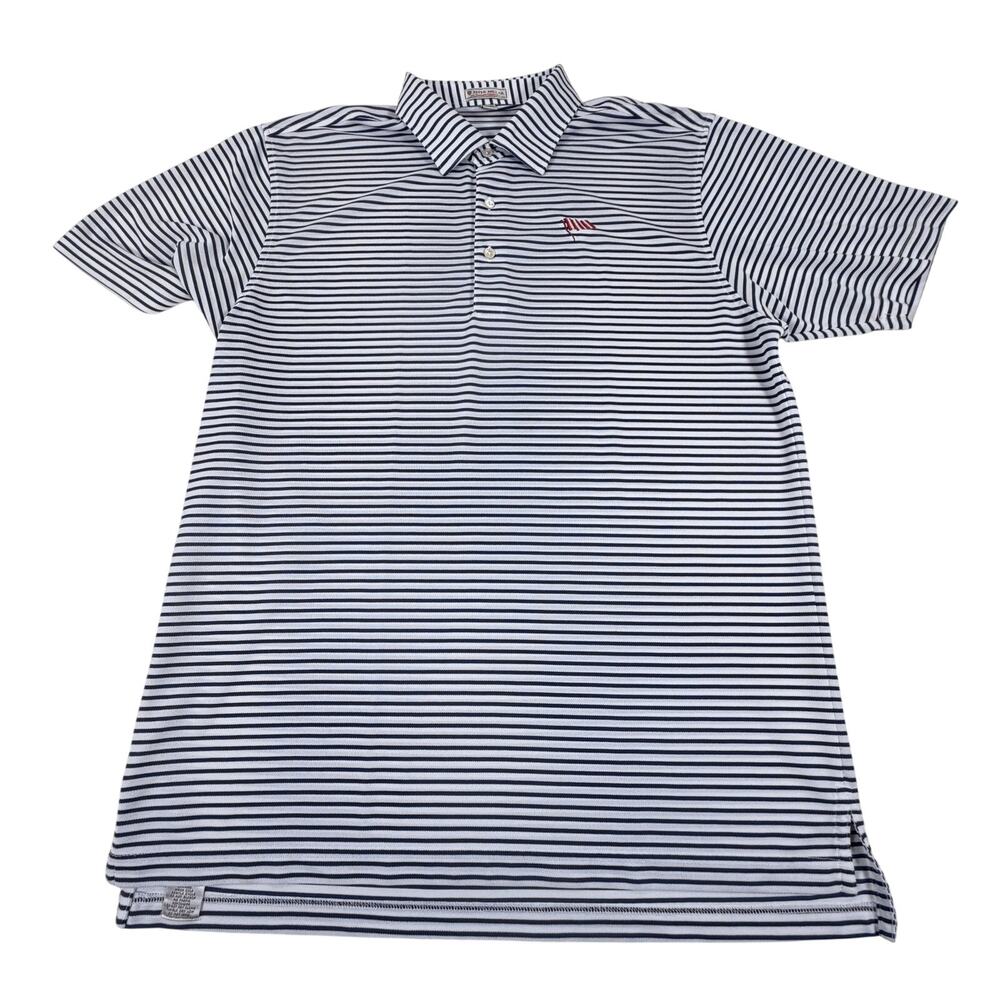 Peter Millar Summer Comfort Golf Polo Blue White Stripe Flag Logo Men L